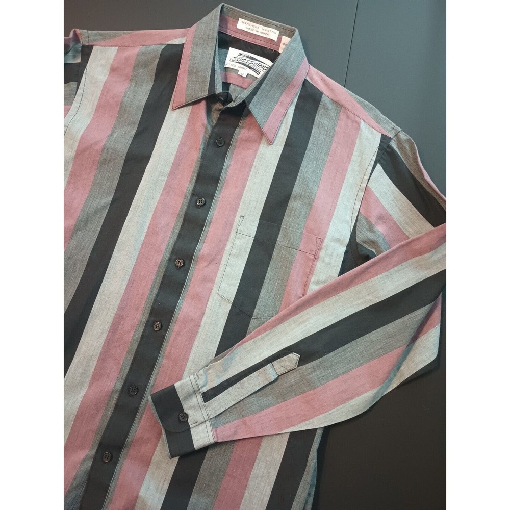 VINTAGE Expressions Shirt Men Medium Black Gray Pink Collared Button Striped